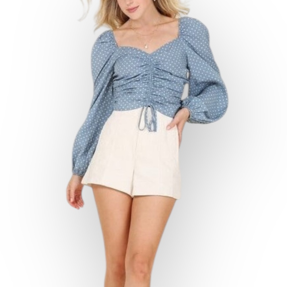 Lilou Slate Blue Ruched Polka Dot Crop Top With Puff Sleeves size Large NWOT